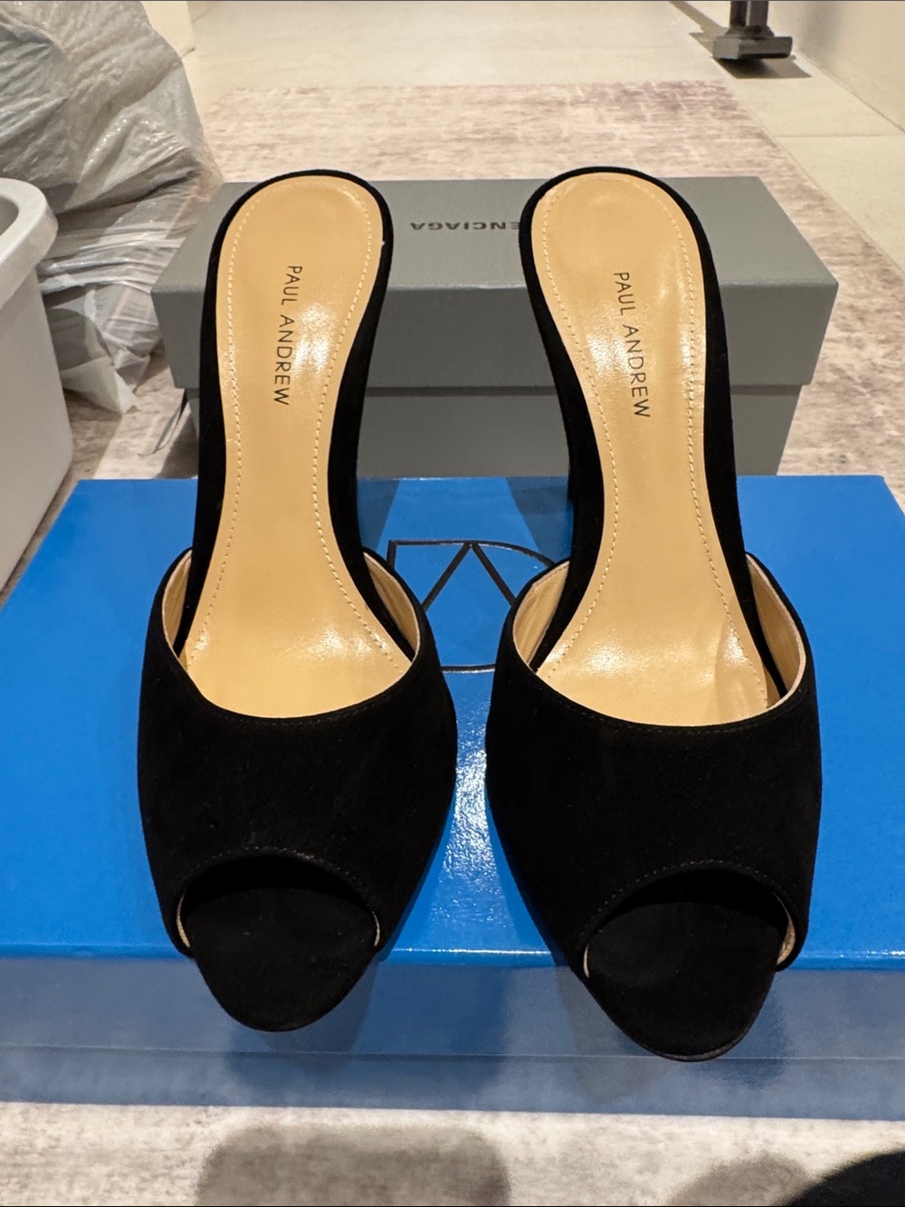 Paul Andrew Black Suede Peep-Toe Slide Mules - Picture 4 of 5